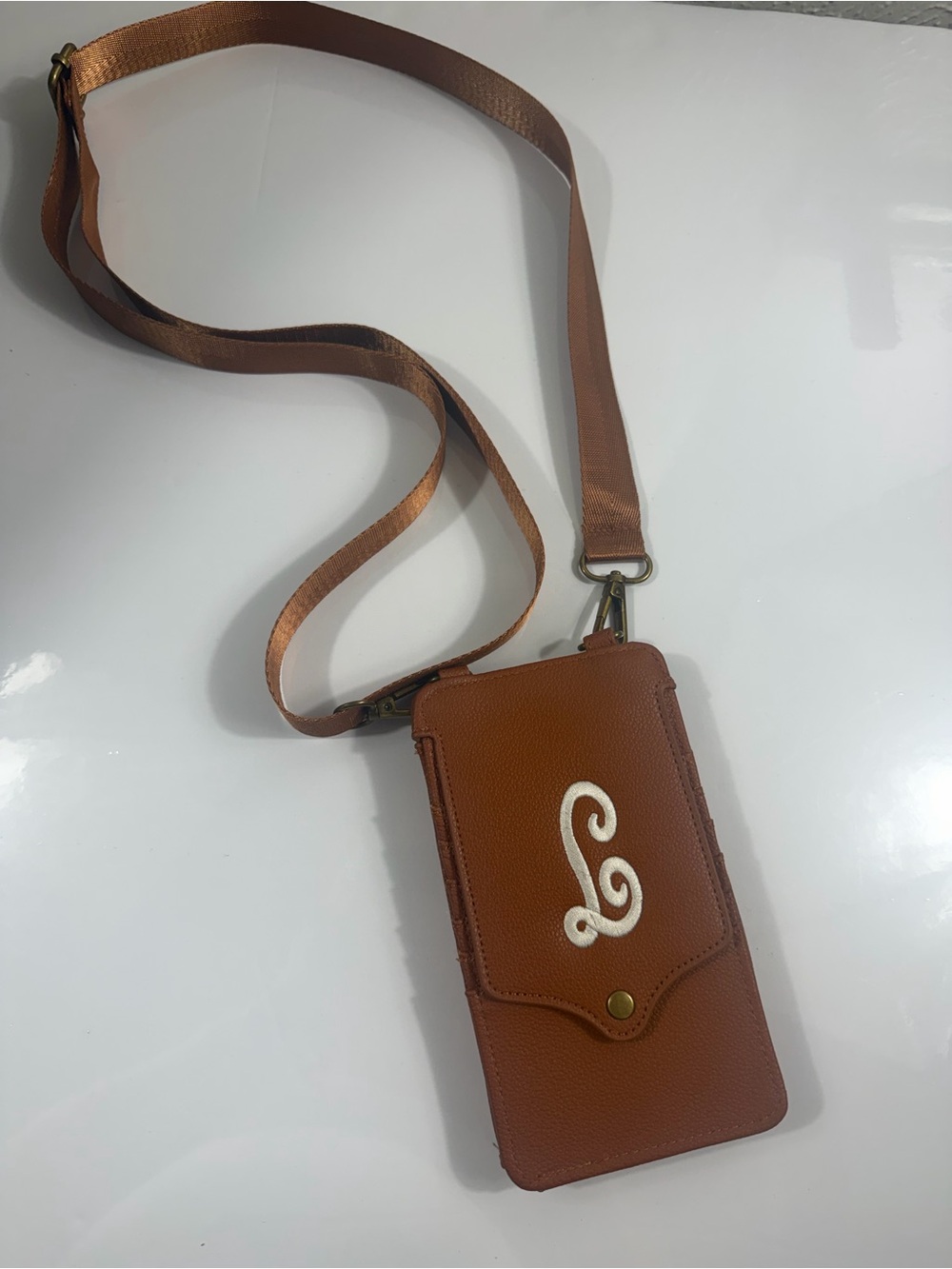 Marleylilly Monogram “L” Faux Leather Phone Crossbody Wallet – Brown